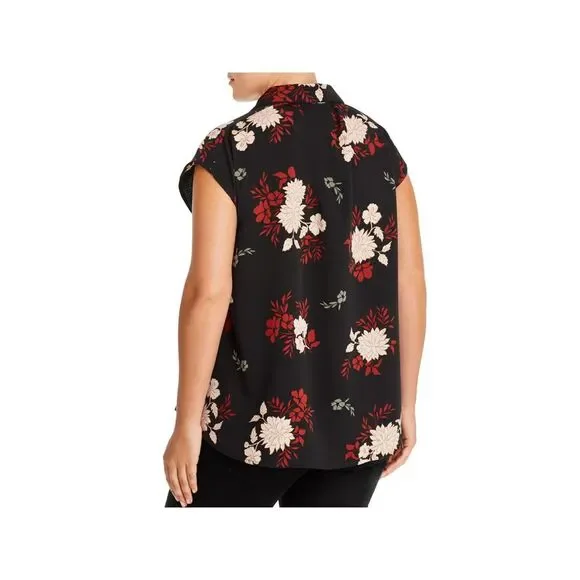 B COLLECTION Womens Black Curved Hem Cap Sleeve Collared Button Up Top Plus 1X - Picture 2 of 2